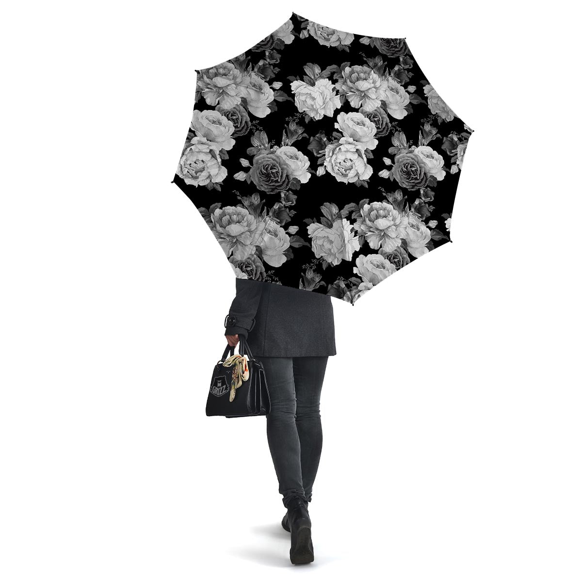 Monochrome Rose Floral Umbrella-grizzshop