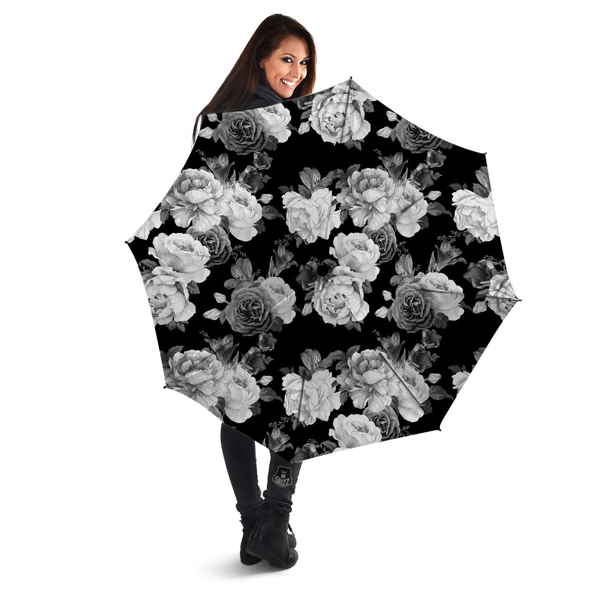 Monochrome Rose Floral Umbrella-grizzshop