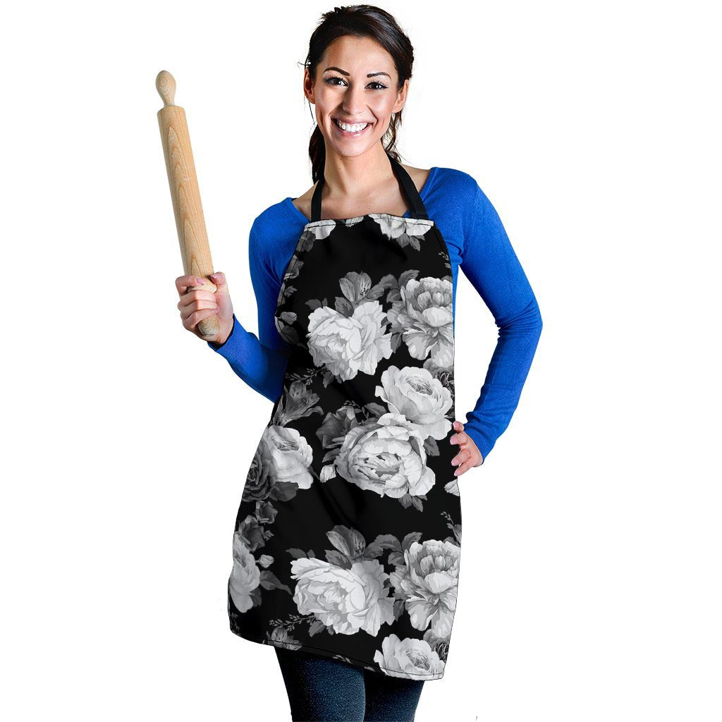 Monochrome Rose Floral Women's Apron-grizzshop