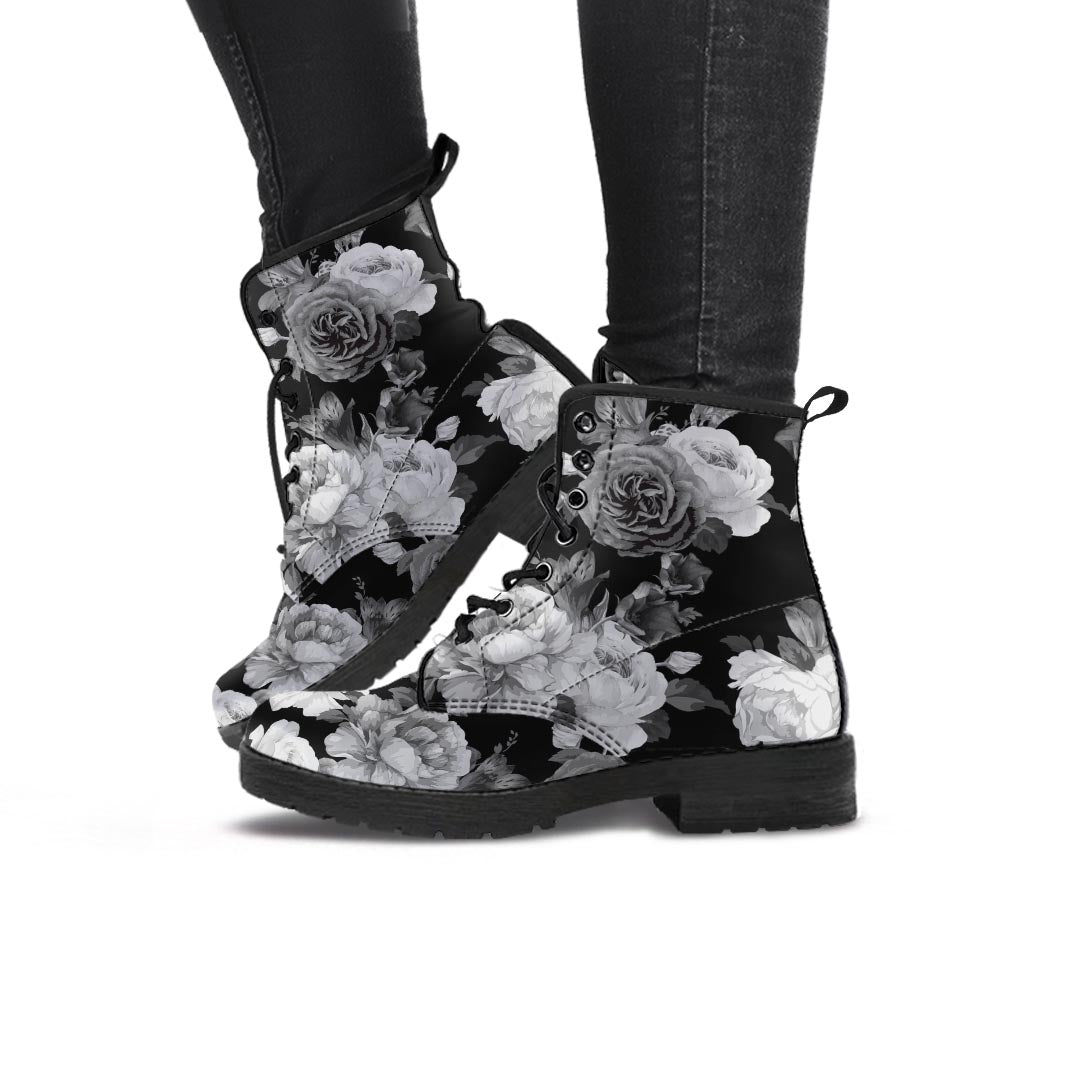 Monochrome Rose Floral Women's Boots-grizzshop