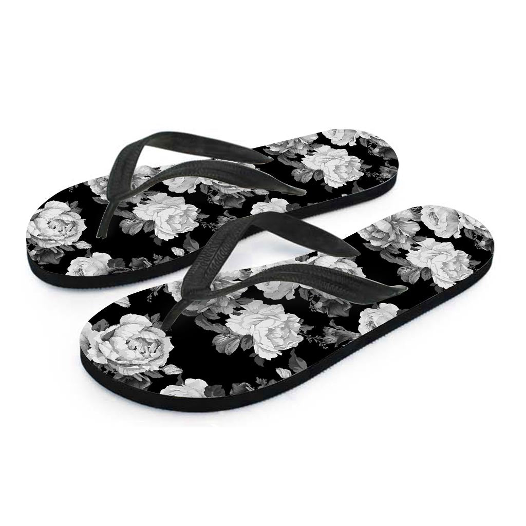 Monochrome Rose Floral Women's Flip Flops-grizzshop