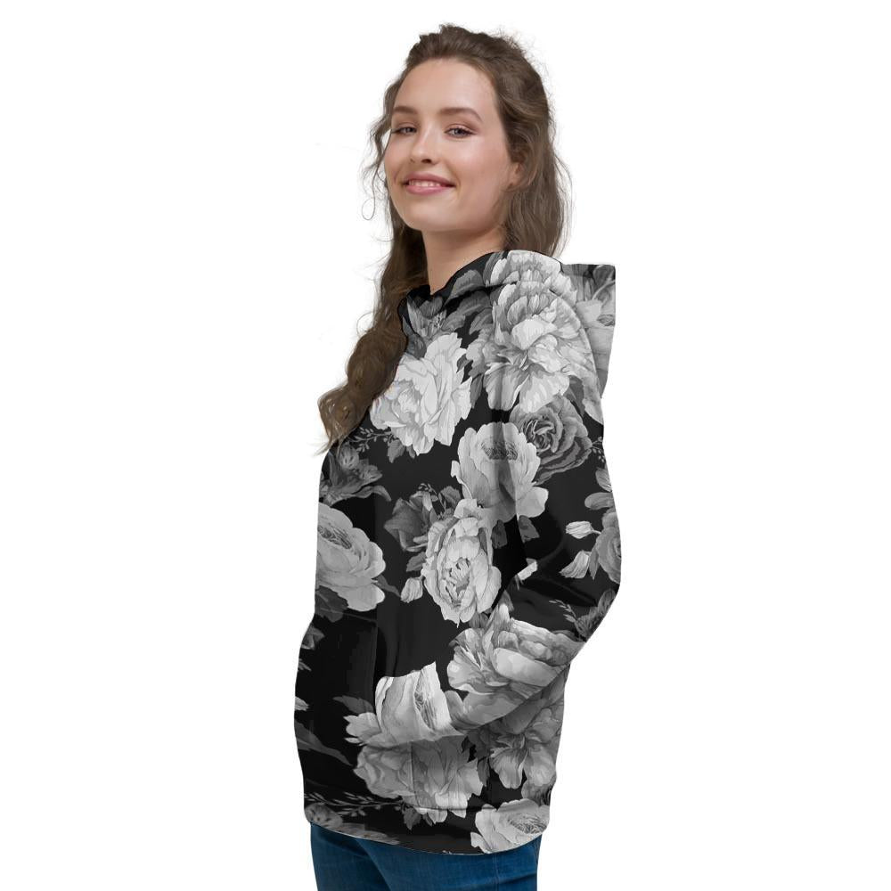 Monochrome Rose Floral Women's Hoodie-grizzshop