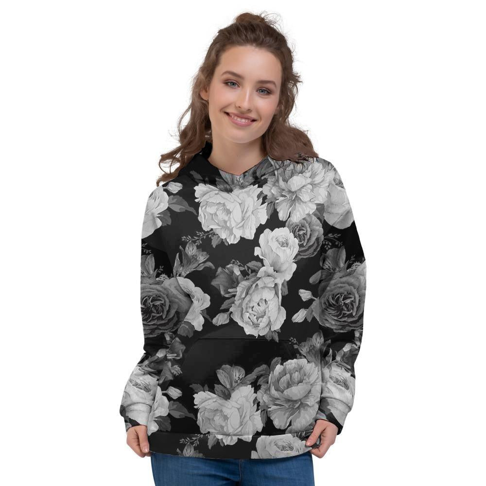 Monochrome Rose Floral Women's Hoodie-grizzshop