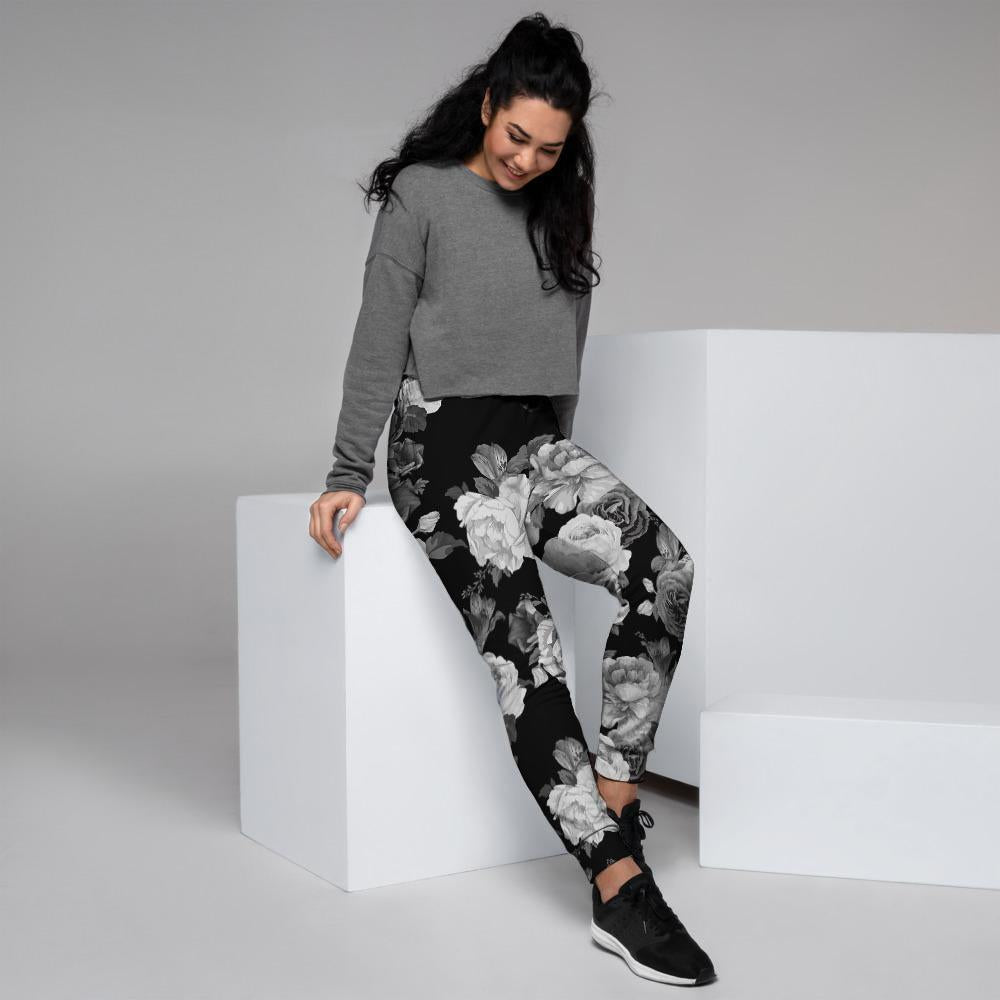 Monochrome Rose Floral Women's Joggers-grizzshop