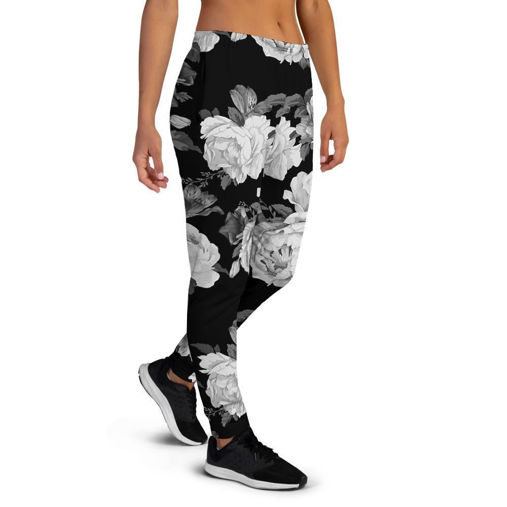 Monochrome Rose Floral Women's Joggers-grizzshop