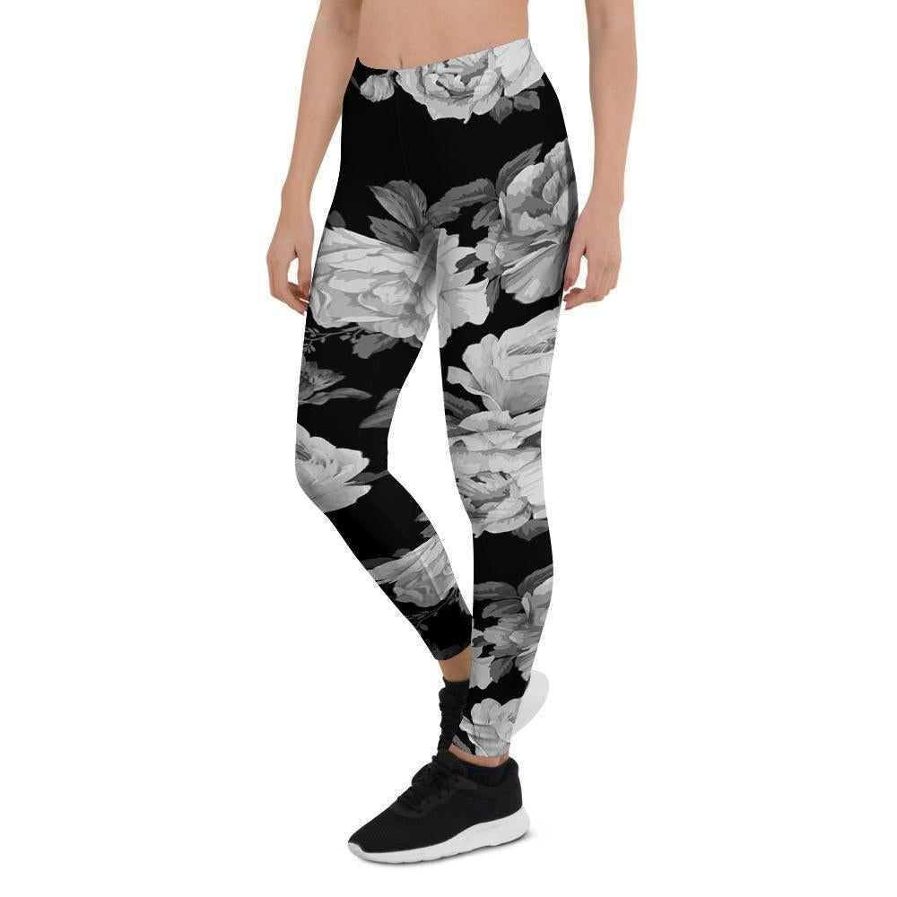 Monochrome Rose Floral Women's Leggings-grizzshop