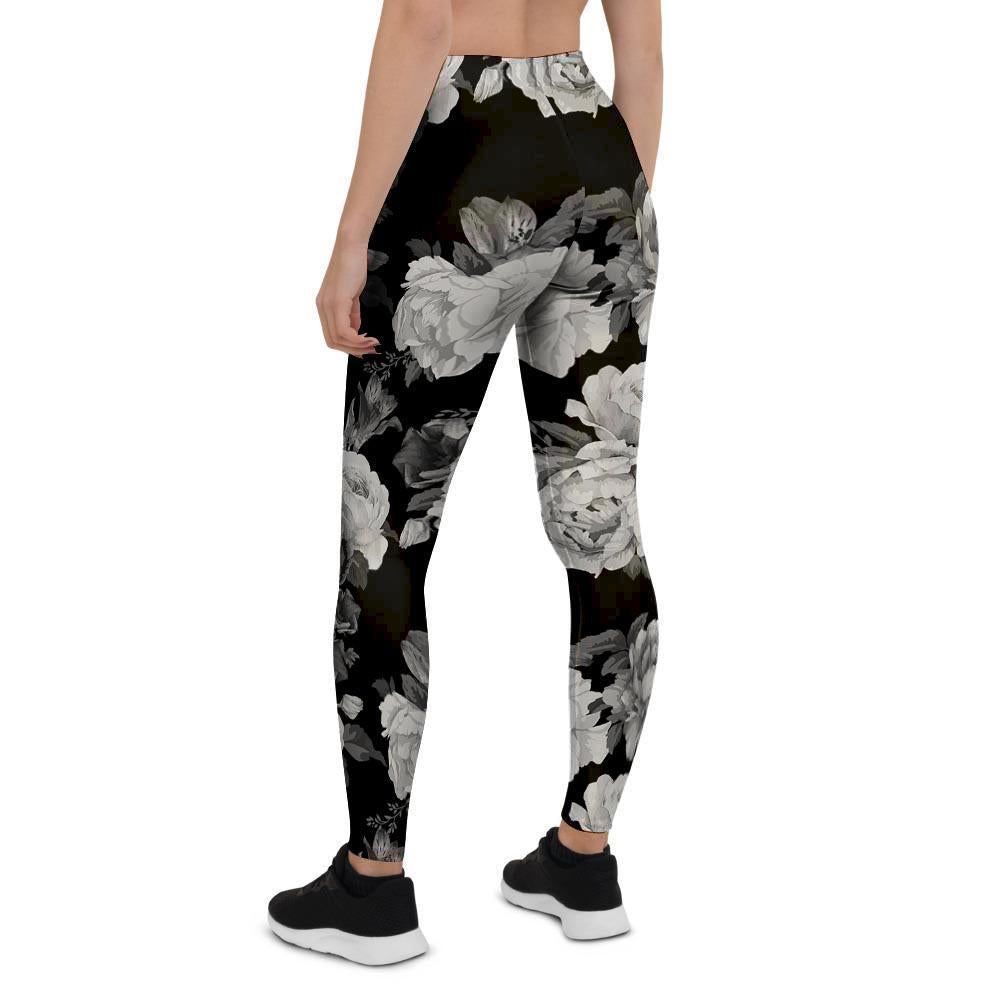 Monochrome Rose Floral Women's Leggings-grizzshop