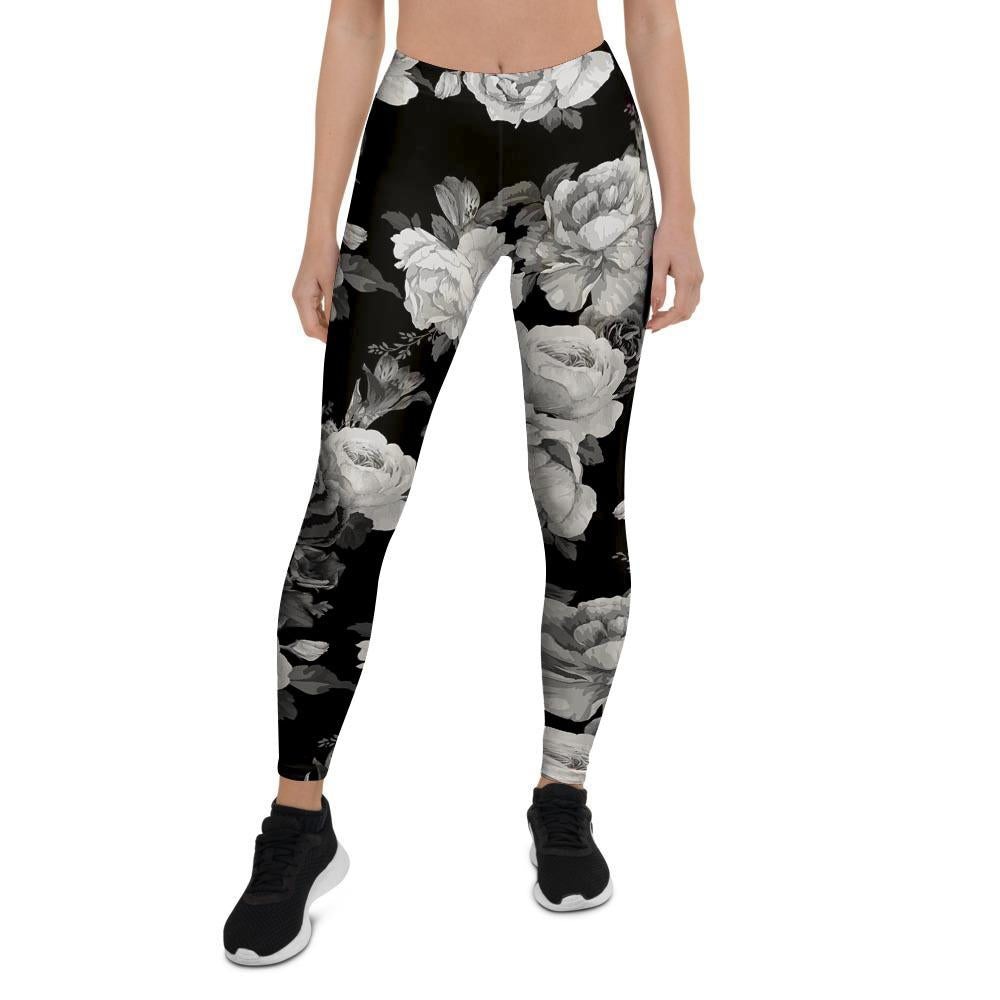 Monochrome Rose Floral Women's Leggings-grizzshop