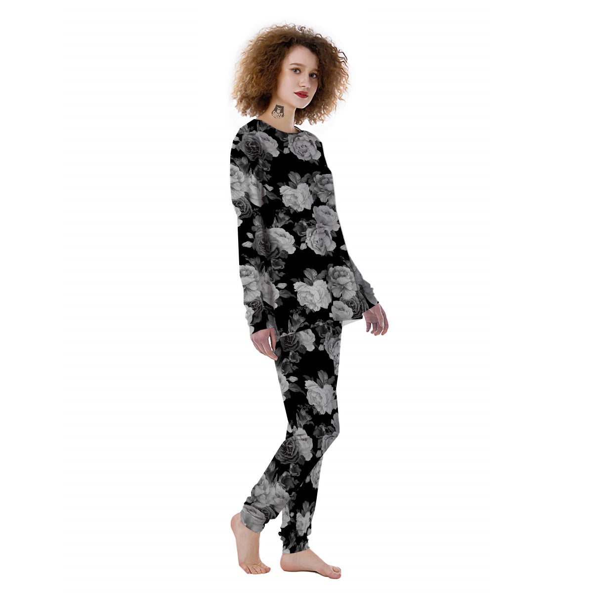 Monochrome Rose Floral Women's Pajamas-grizzshop