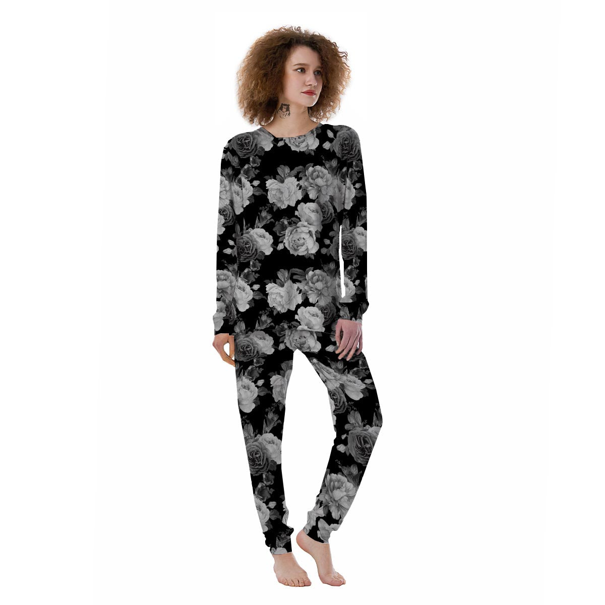 Monochrome Rose Floral Women's Pajamas-grizzshop