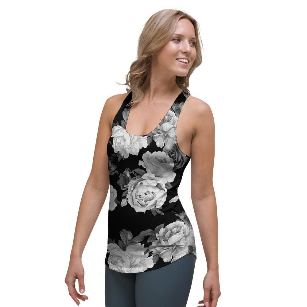 Monochrome Rose Floral Women's Racerback Tank Top-grizzshop