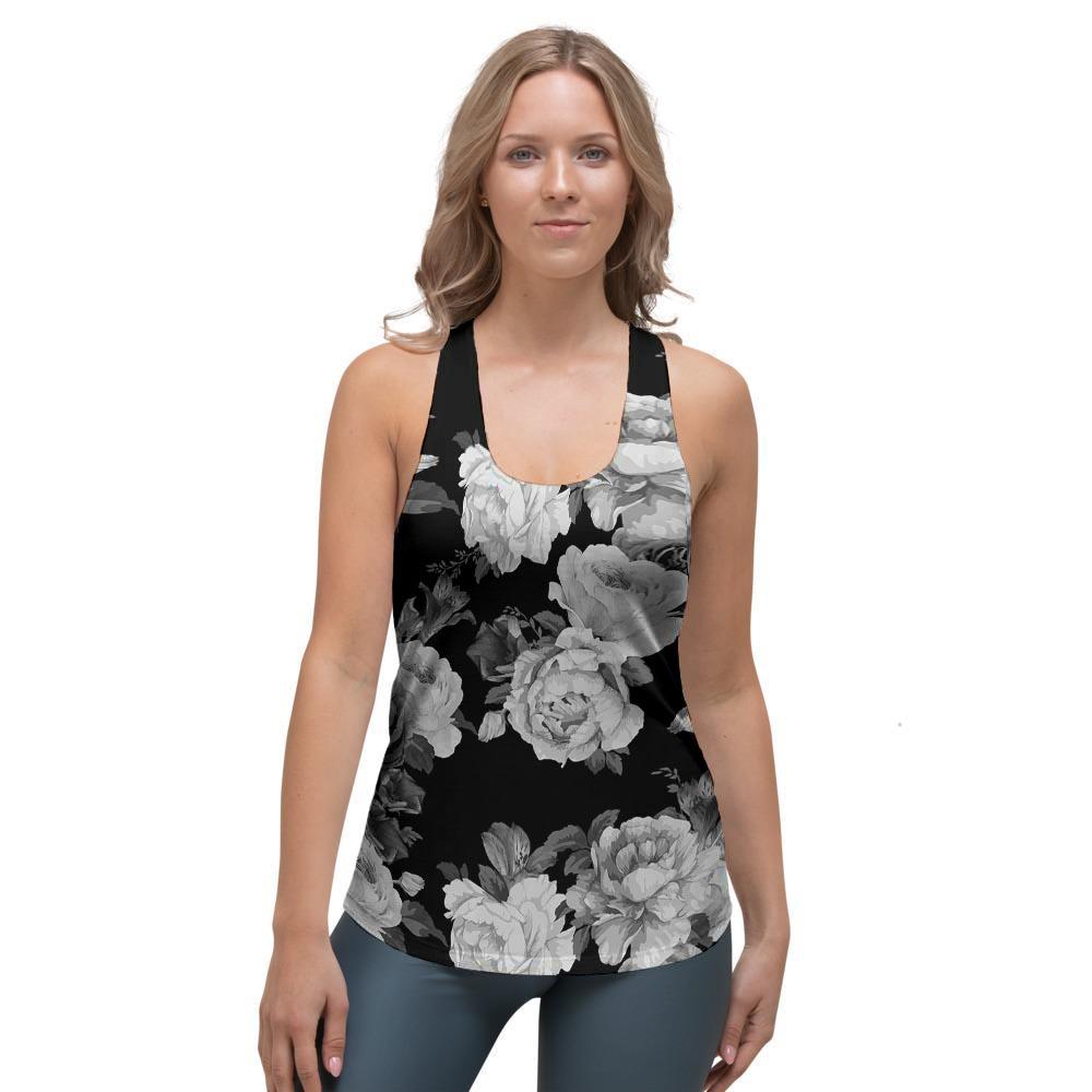 Monochrome Rose Floral Women's Racerback Tank Top-grizzshop