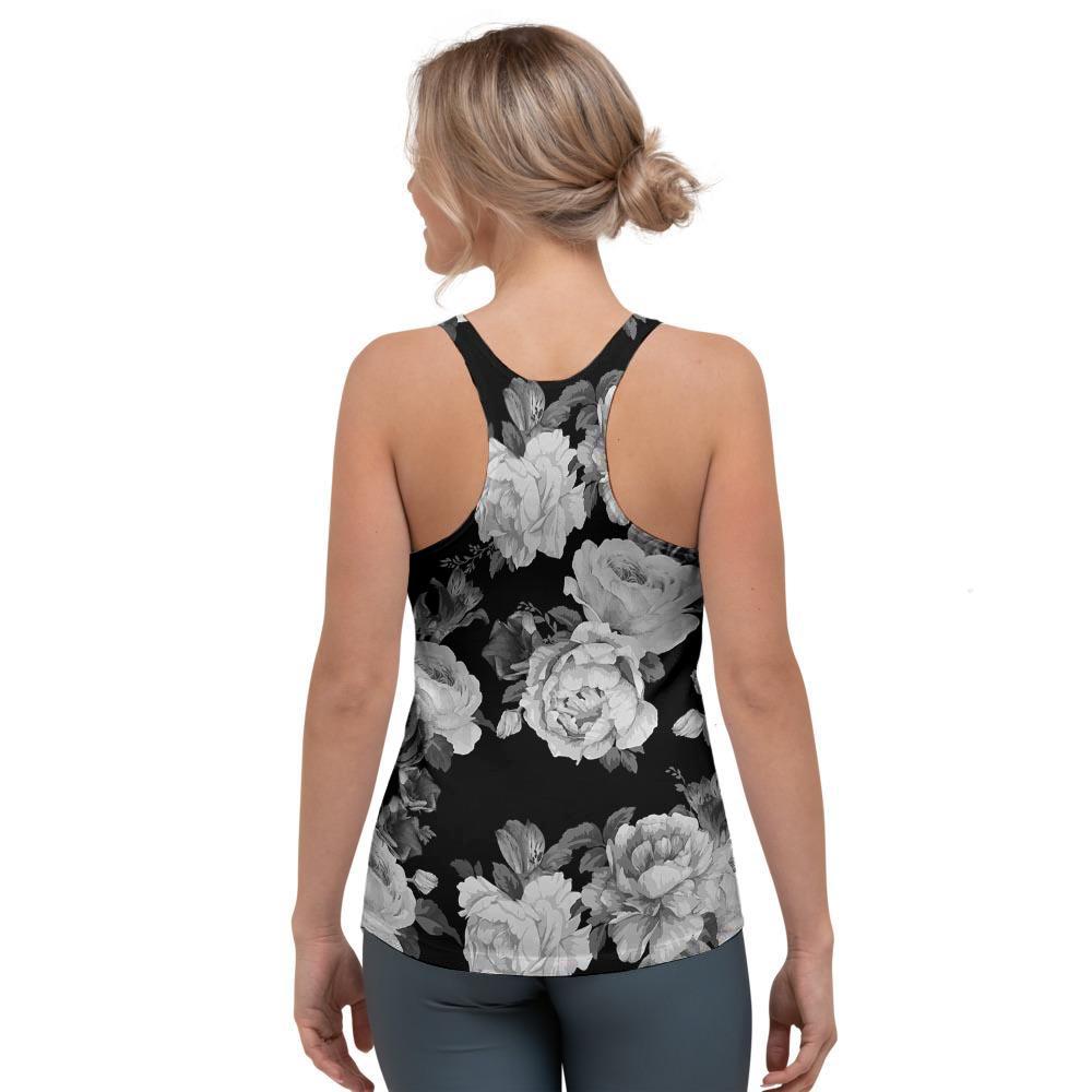 Monochrome Rose Floral Women's Racerback Tank Top-grizzshop