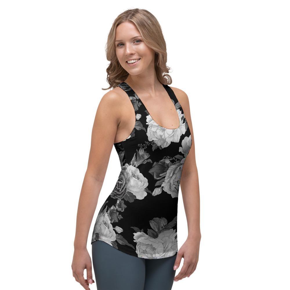 Monochrome Rose Floral Women's Racerback Tank Top-grizzshop