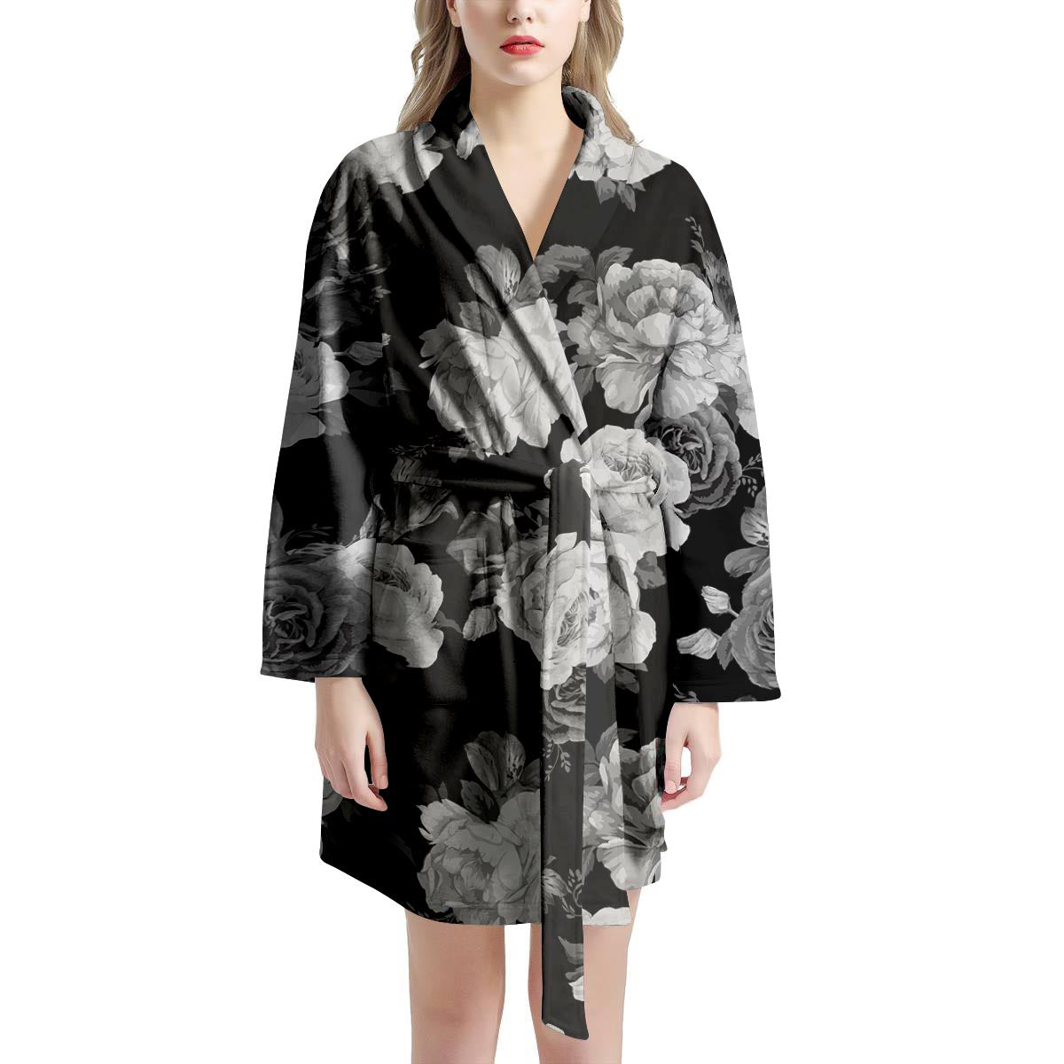 Monochrome Rose Floral Women's Robe-grizzshop