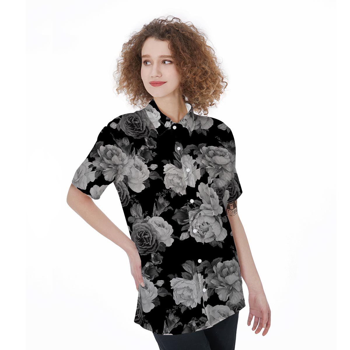 Monochrome Rose Floral Women's Short Sleeve Shirts-grizzshop