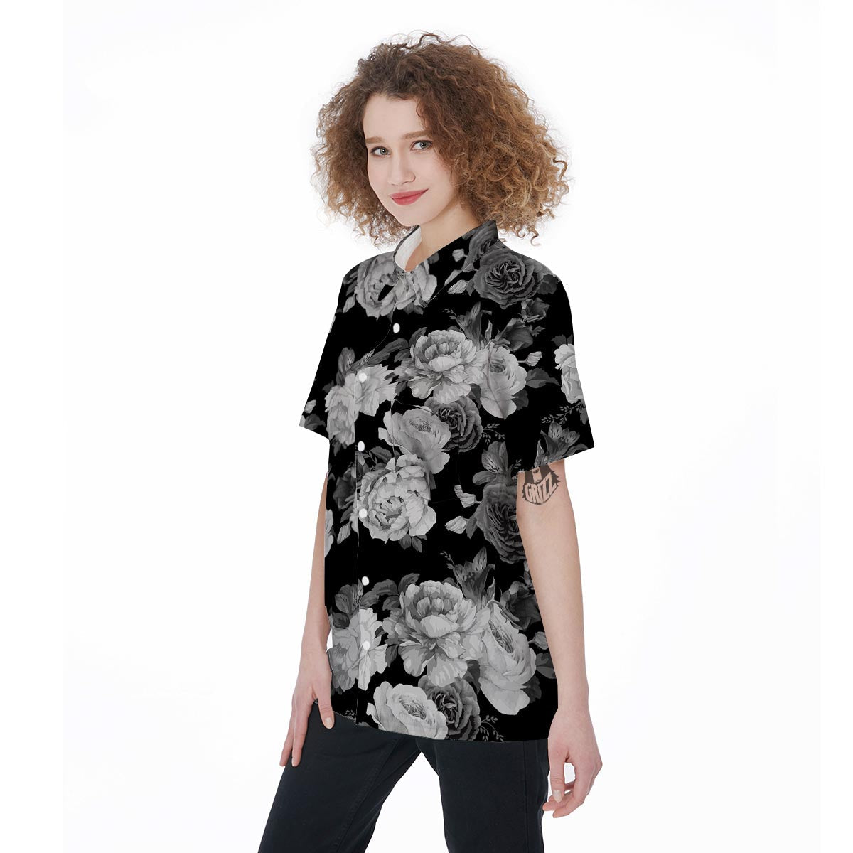Monochrome Rose Floral Women's Short Sleeve Shirts-grizzshop