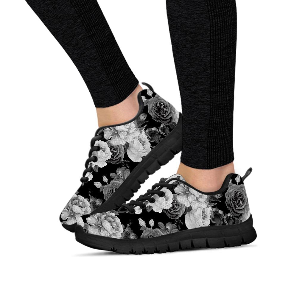 Monochrome Rose Floral Women's Sneakers-grizzshop