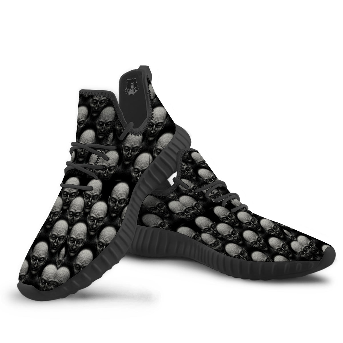 Monochrome Scary Faces Hand Drawn Print Pattern Black Walking Shoes-grizzshop