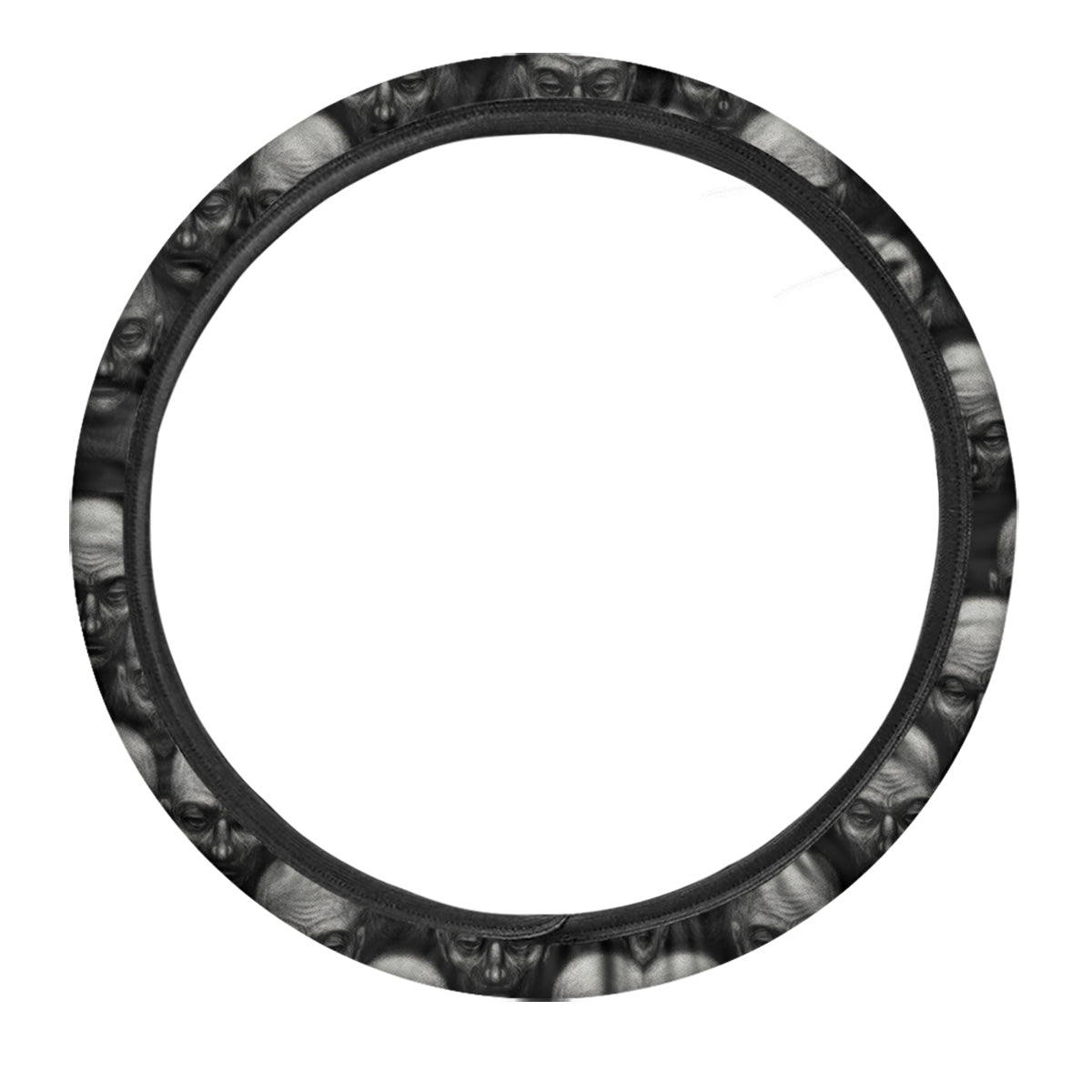 Monochrome Scary Faces Hand Drawn Print Pattern Car Steering Wheel Cover-grizzshop