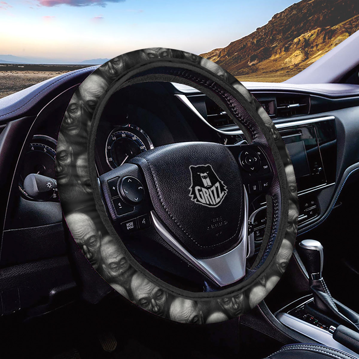 Monochrome Scary Faces Hand Drawn Print Pattern Car Steering Wheel Cover-grizzshop