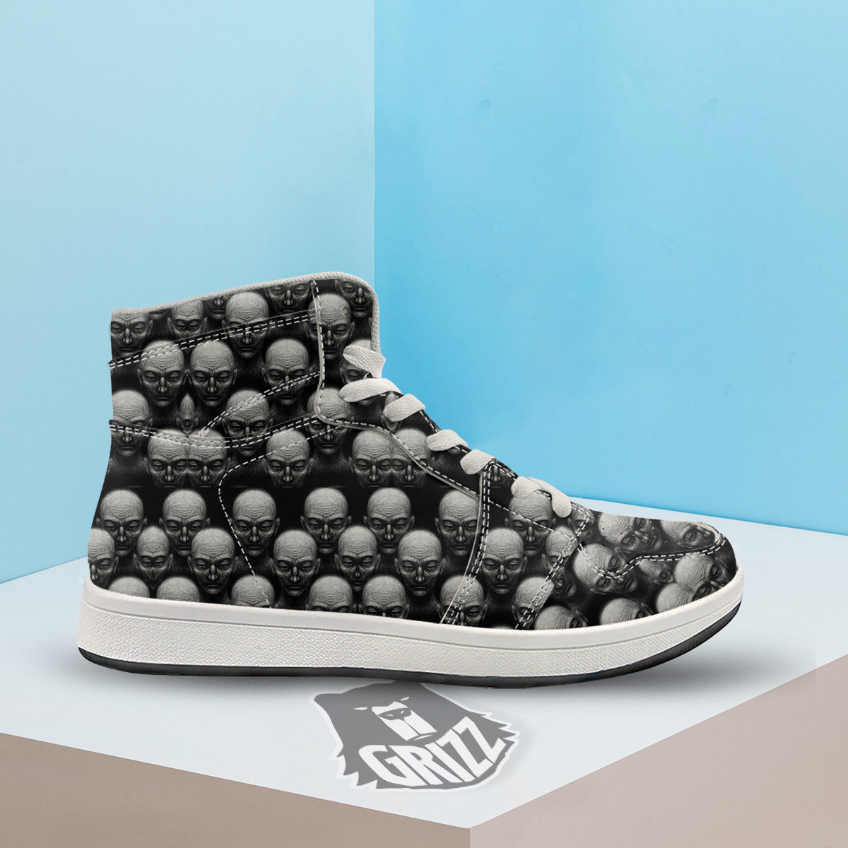 Monochrome Scary Faces Hand Drawn Print Pattern High Top Sneakers-grizzshop