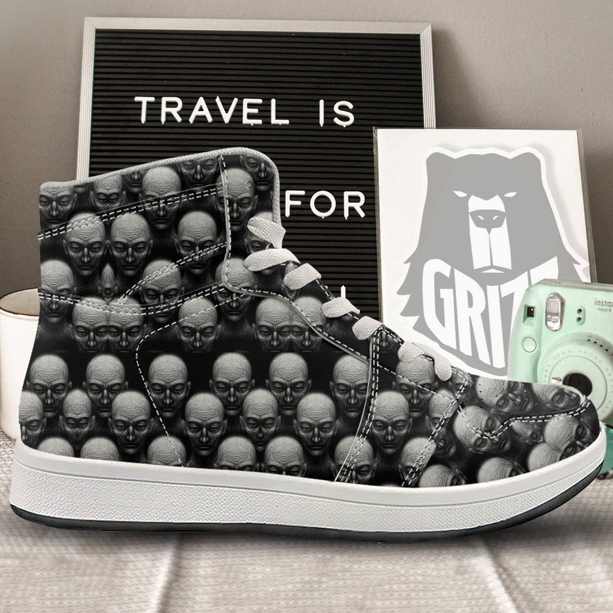 Monochrome Scary Faces Hand Drawn Print Pattern High Top Sneakers-grizzshop