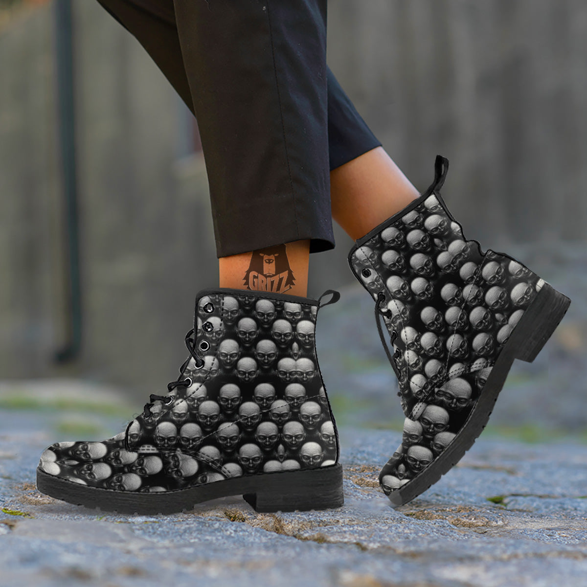 Monochrome Scary Faces Hand Drawn Print Pattern Leather Boots-grizzshop