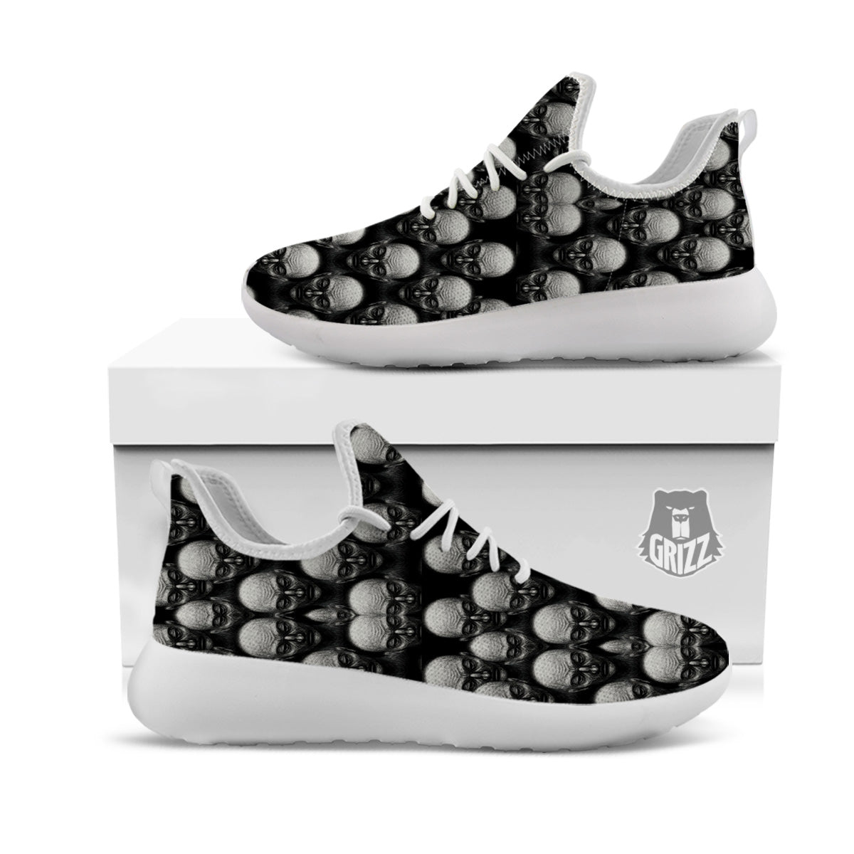 Monochrome Scary Faces Hand Drawn Print Pattern White Athletic Shoes-grizzshop