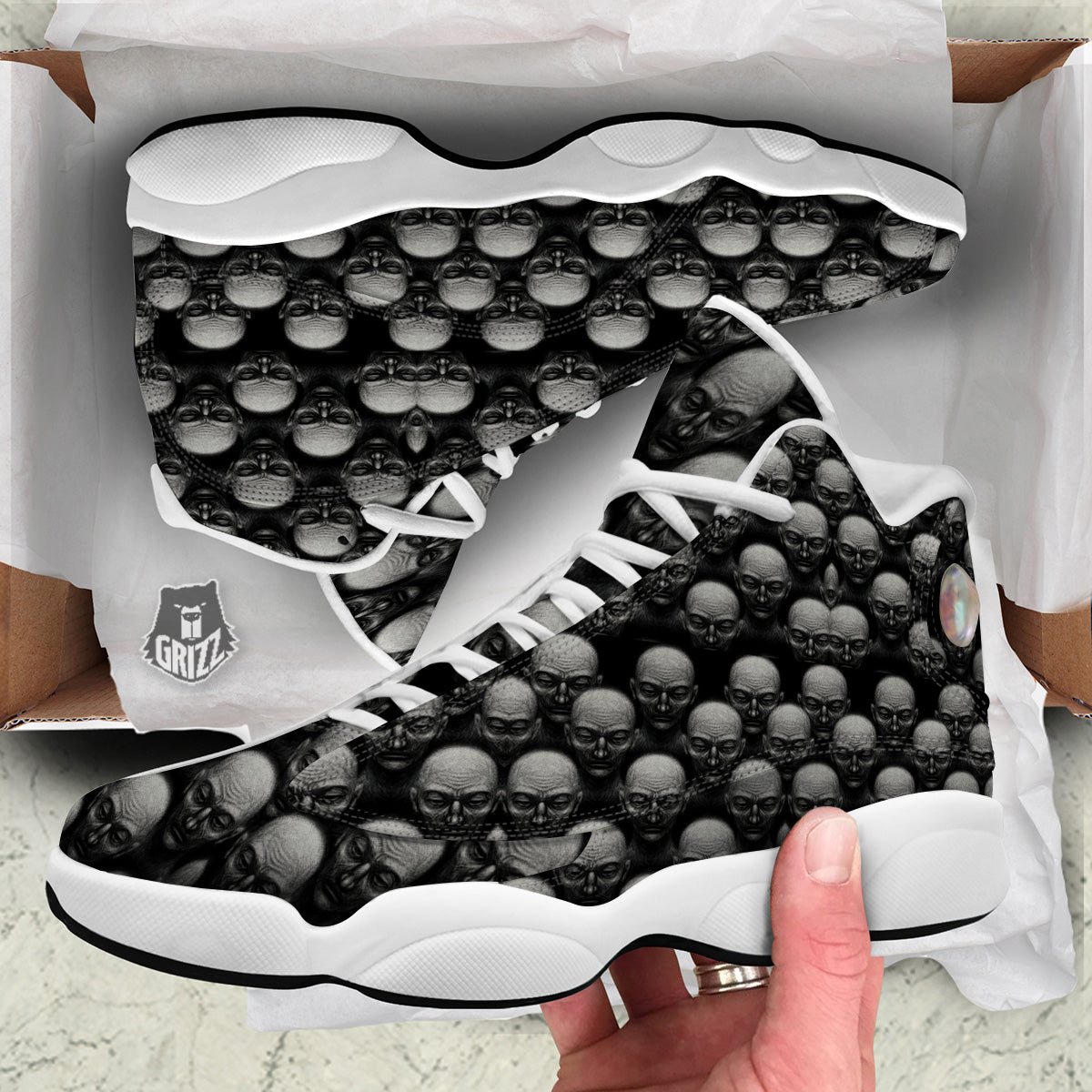 Monochrome Scary Faces Hand Drawn Print Pattern White Basketball Shoes-grizzshop