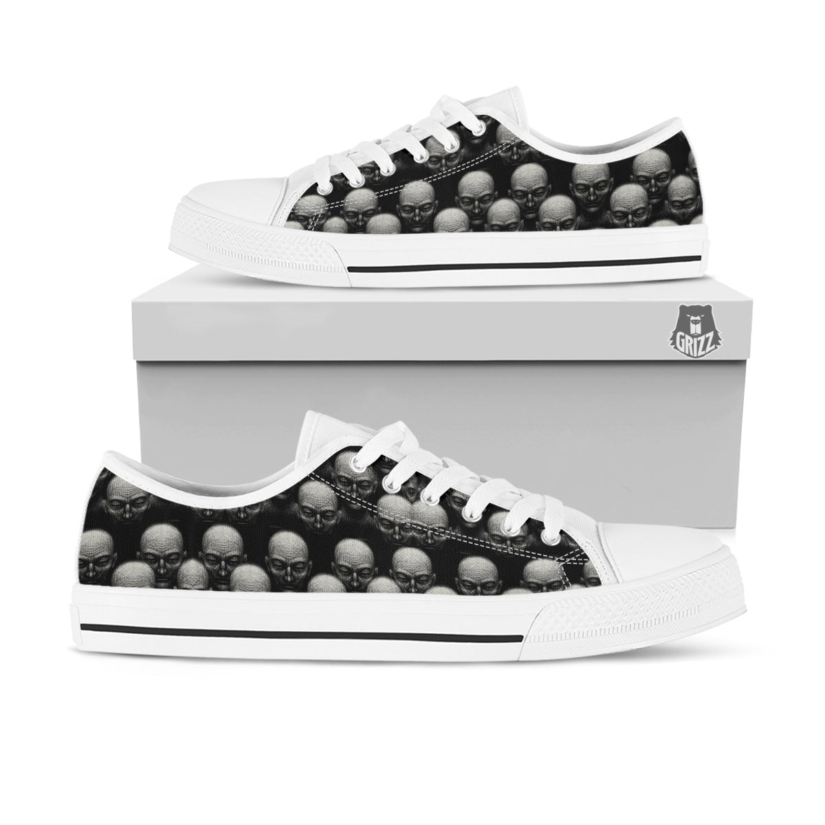 Monochrome Scary Faces Hand Drawn Print Pattern White Low Top Shoes-grizzshop