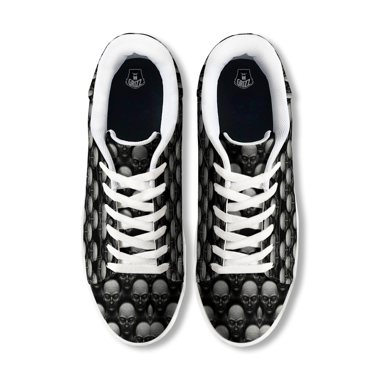 Monochrome Scary Faces Hand Drawn Print Pattern White Low Top Sneakers-grizzshop
