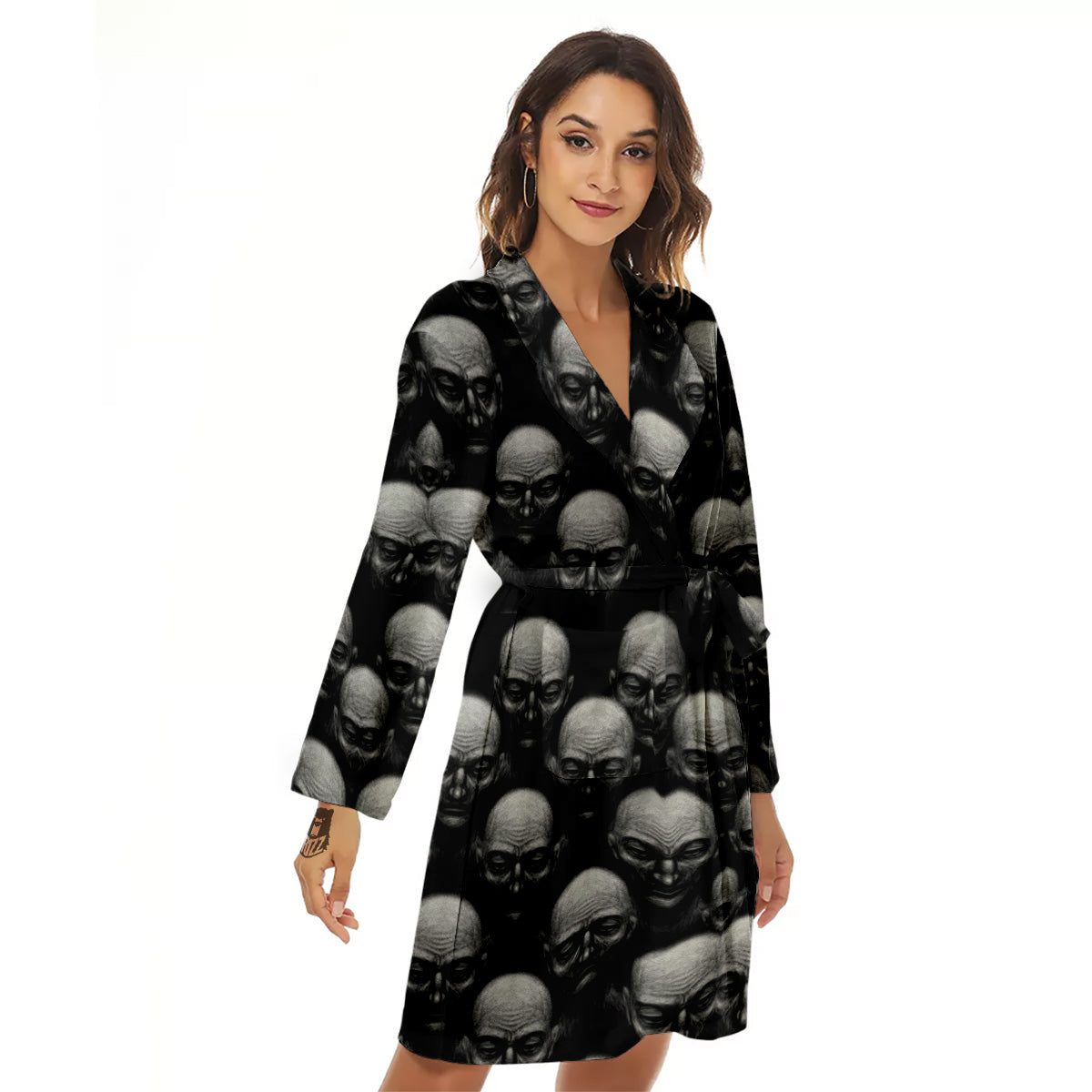 Monochrome Scary Faces Hand Drawn Print Pattern Women's Robe-grizzshop