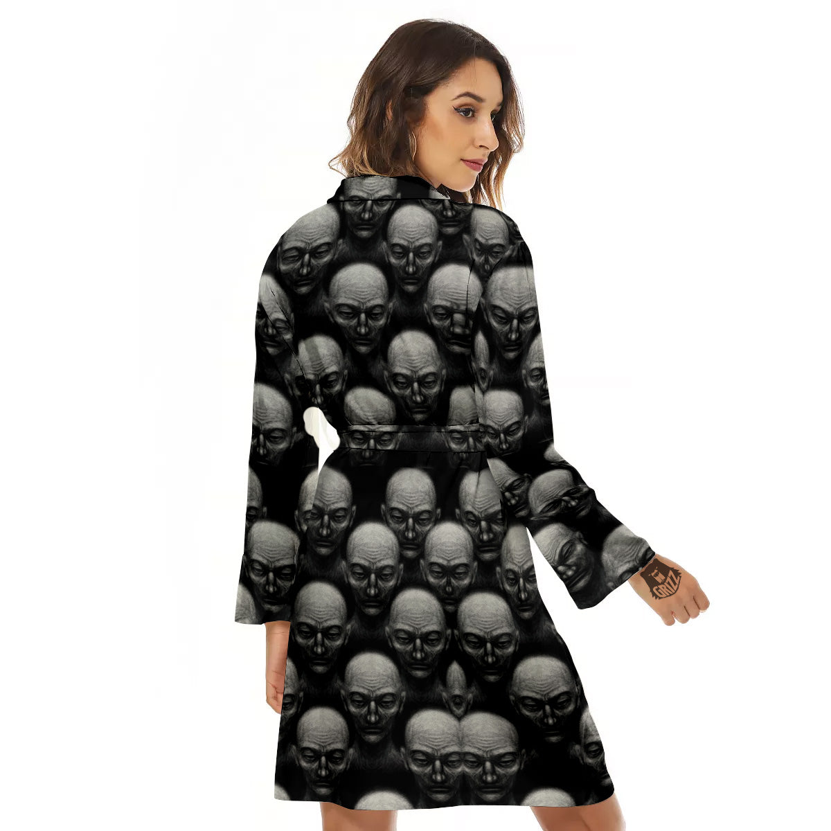 Monochrome Scary Faces Hand Drawn Print Pattern Women's Robe-grizzshop
