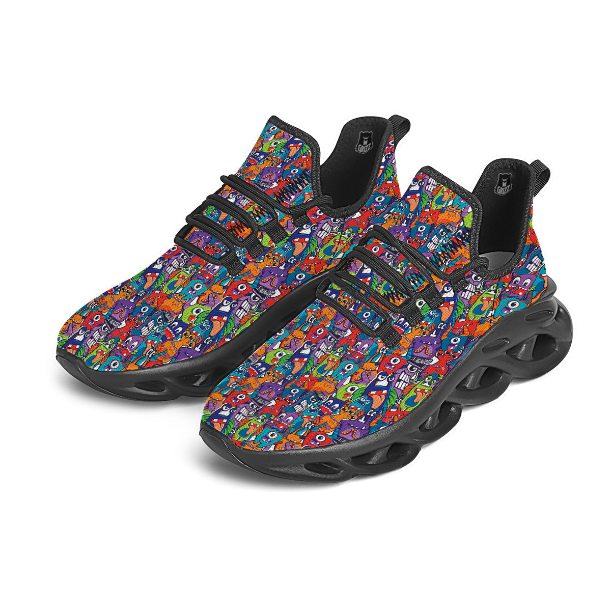 Monster Cute Print Pattern Black Running Shoes-grizzshop