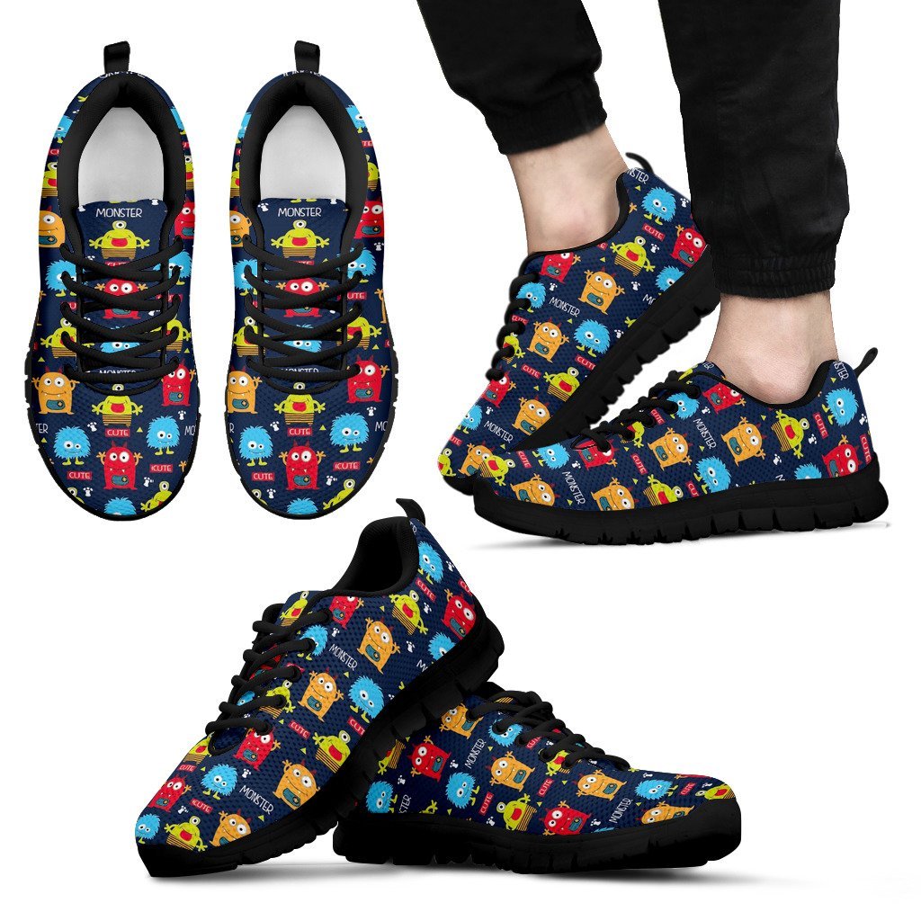 Monster Fluffy Pattern Print Black Sneaker Shoes For Men Women-grizzshop