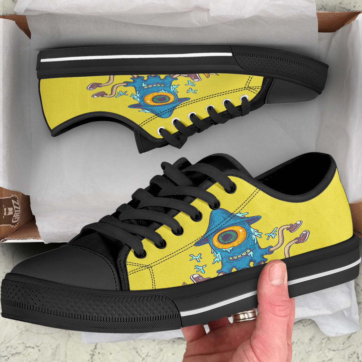 Monster Graffiti Characters Print Black Low Top Shoes-grizzshop