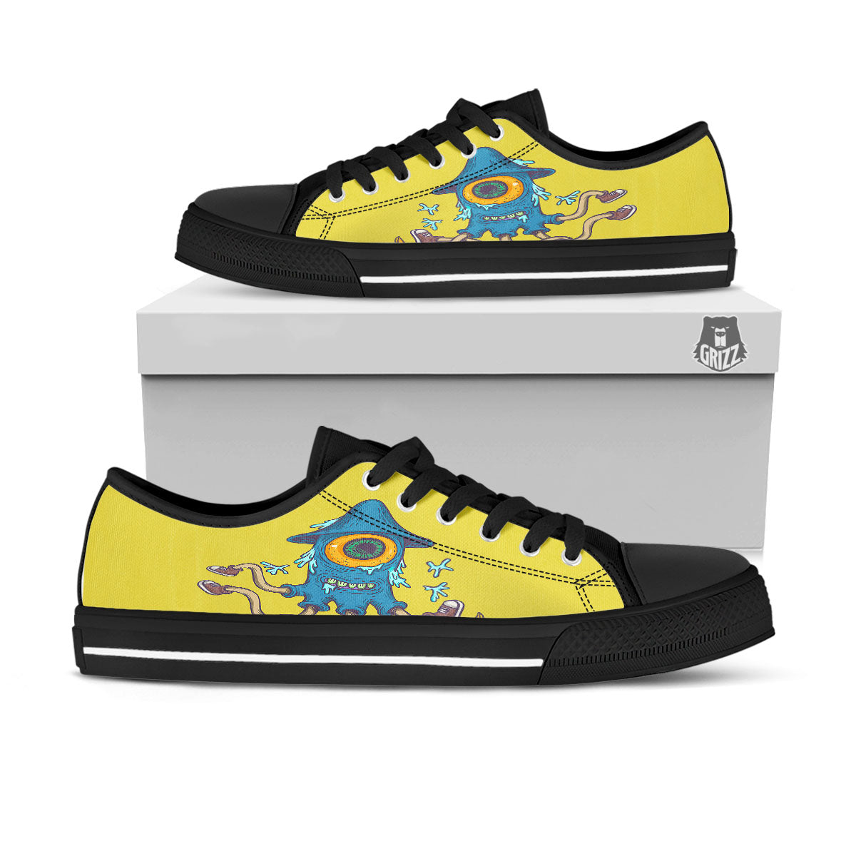 Monster Graffiti Characters Print Black Low Top Shoes-grizzshop