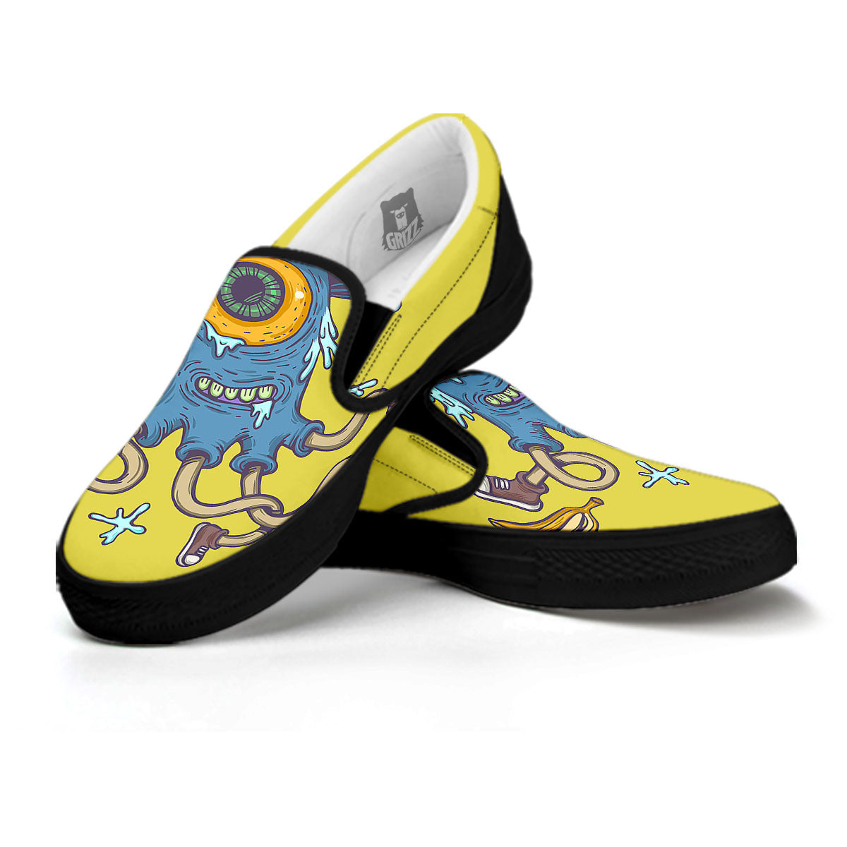 Monster Graffiti Characters Print Black Slip On Shoes-grizzshop