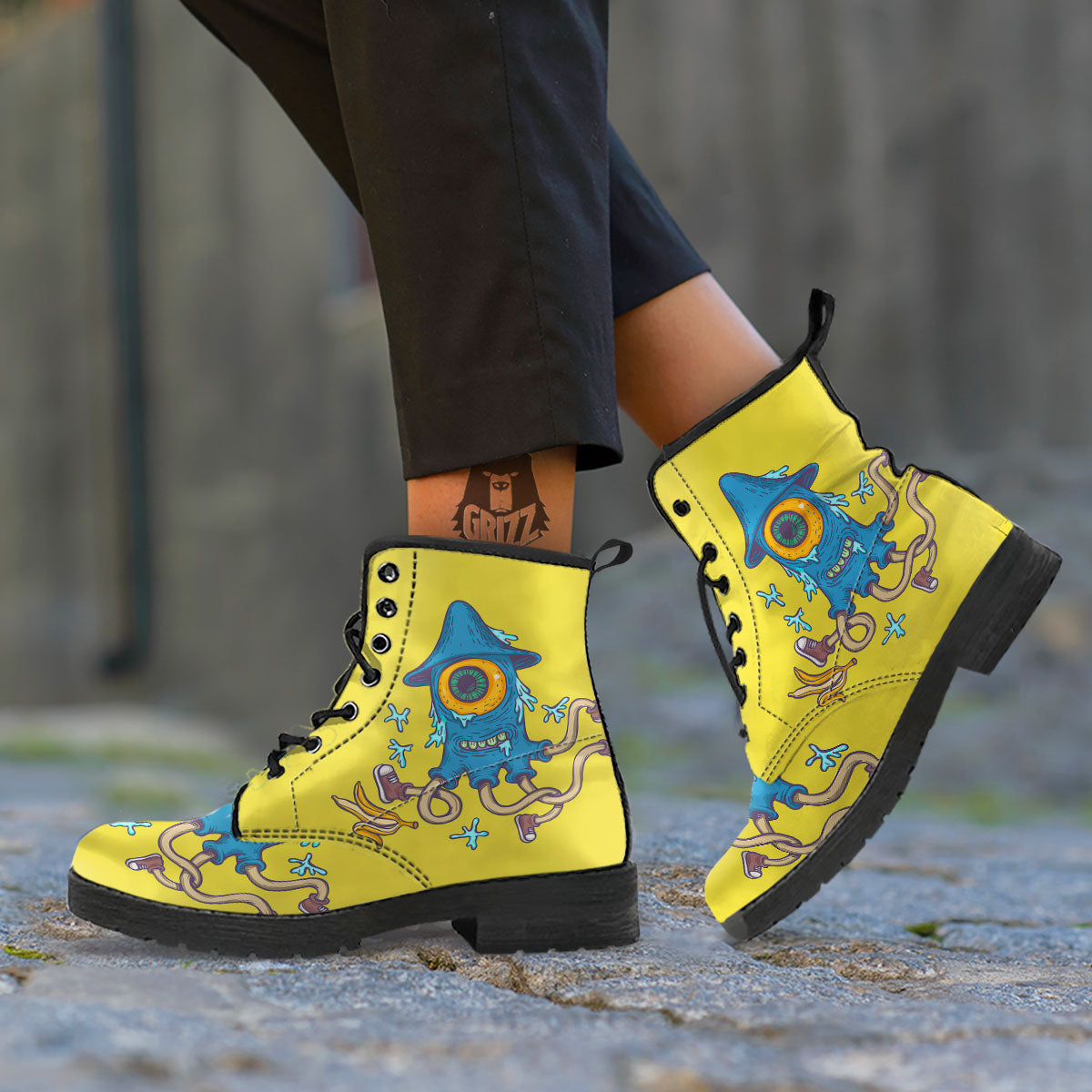 Monster Graffiti Characters Print Leather Boots-grizzshop