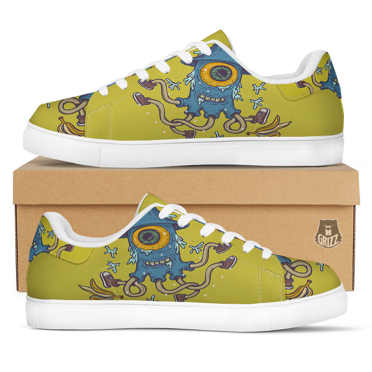 Monster Graffiti Characters Print White Low Top Sneakers-grizzshop