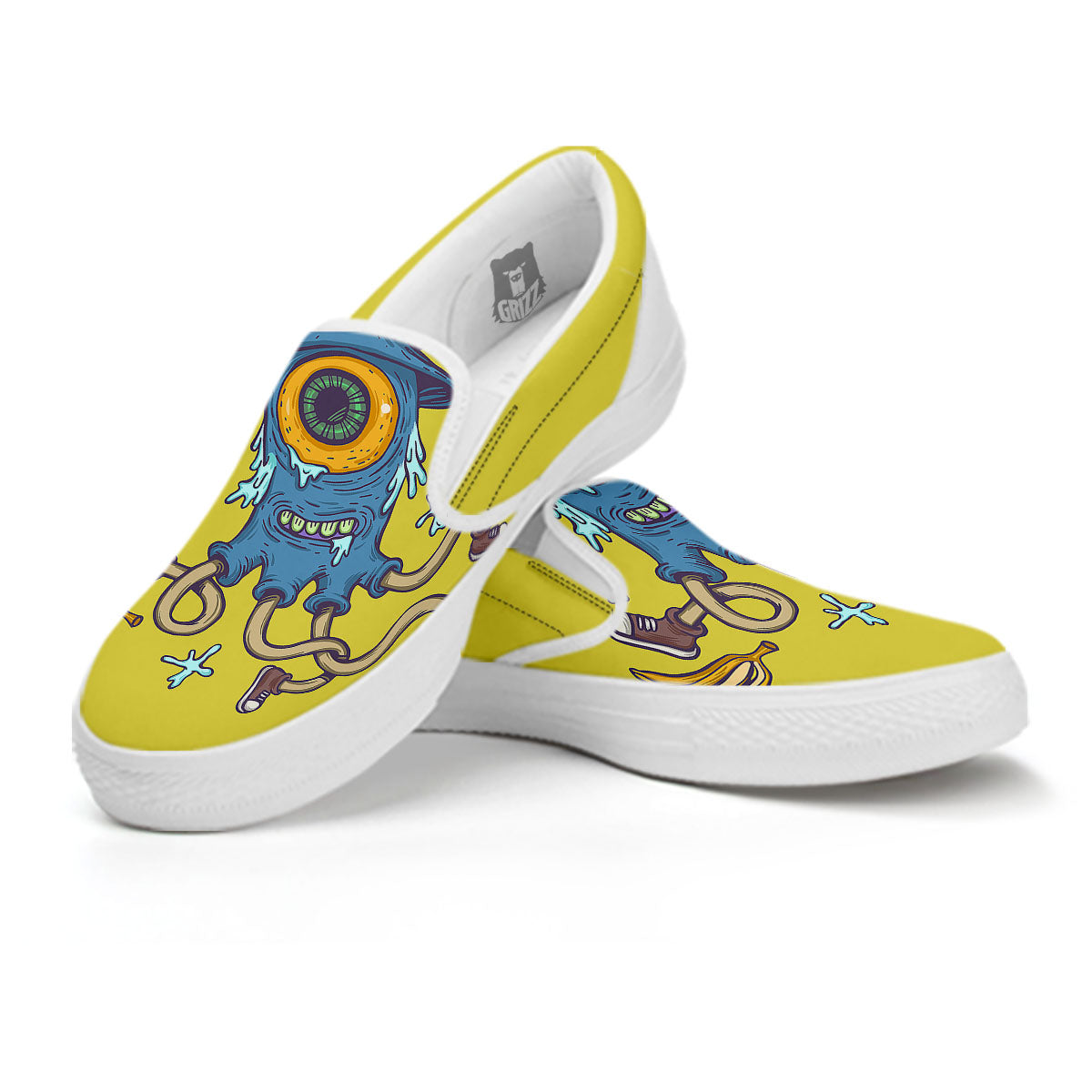 Monster Graffiti Characters Print White Slip On Shoes-grizzshop
