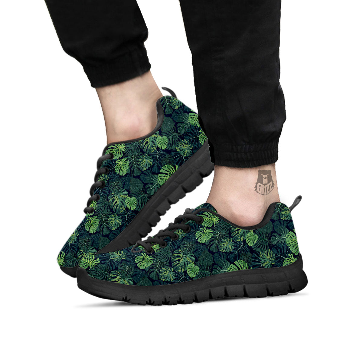 Monstera Green Tropical Print Pattern Black Sneaker-grizzshop