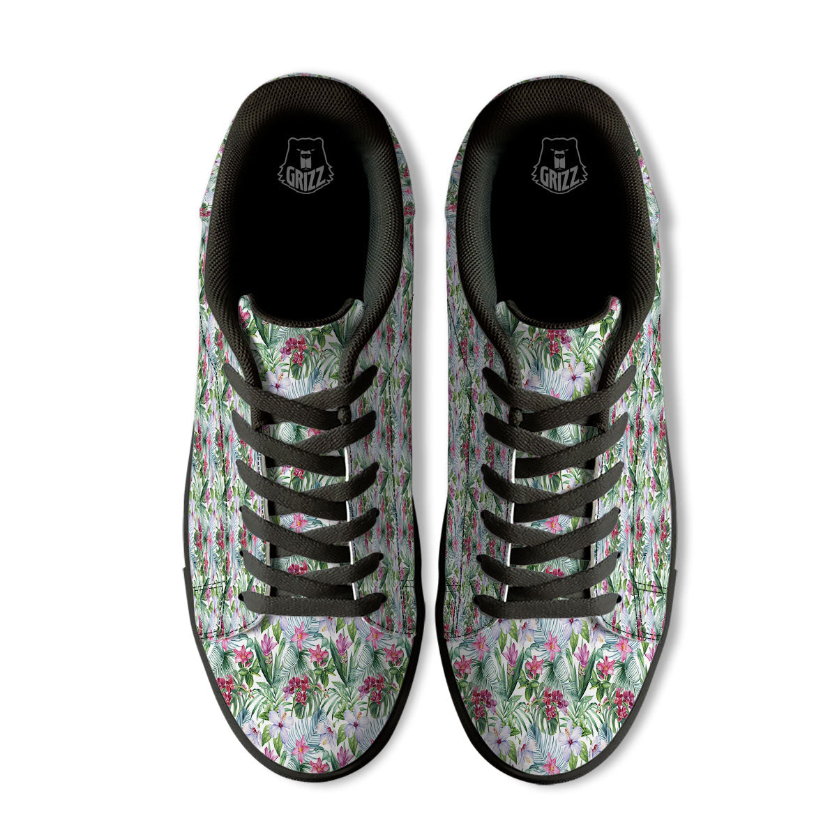 Monstera Hawaii Hibiscus Print Pattern Black Low Top Sneakers-grizzshop