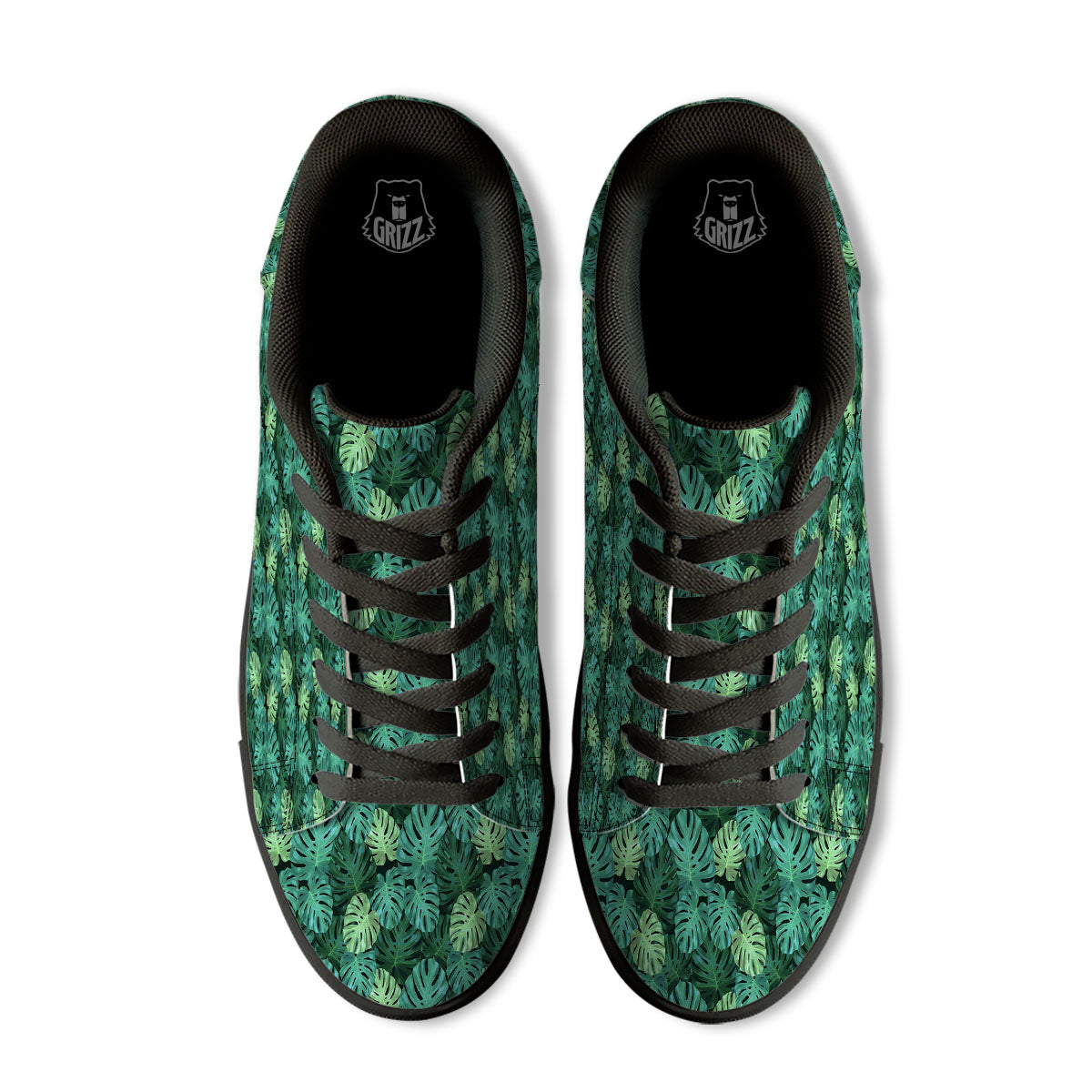 Monstera Leaf Green Print Black Low Top Sneakers-grizzshop