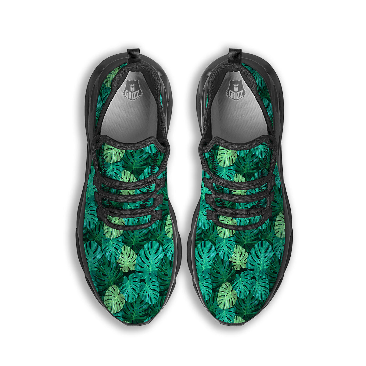 Monstera Leaf Green Print Black Running Shoes-grizzshop