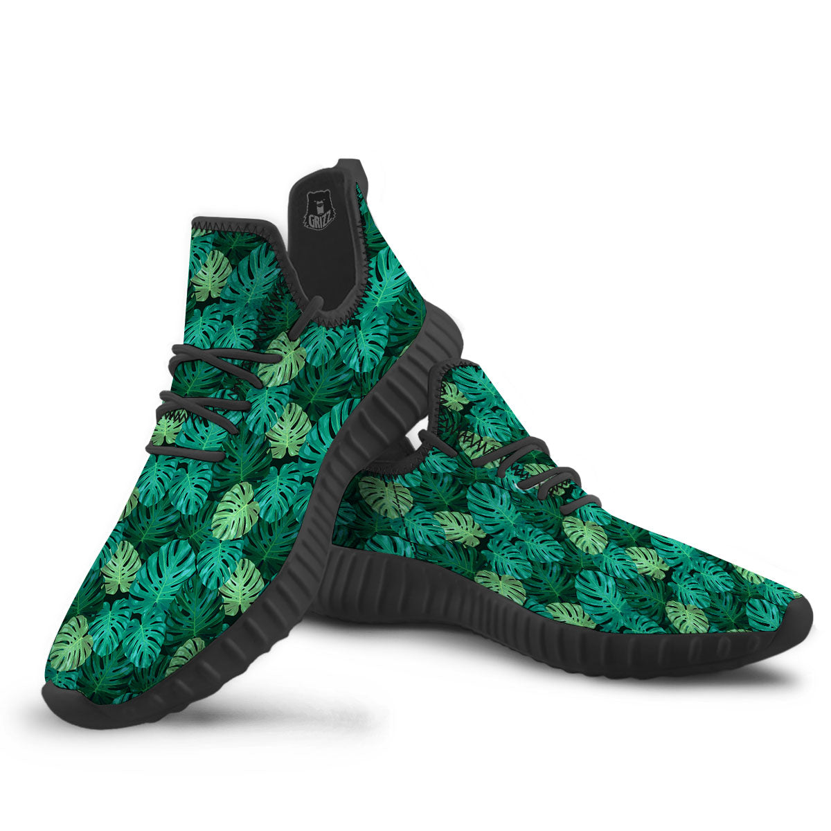 Monstera Leaf Green Print Black Walking Shoes-grizzshop