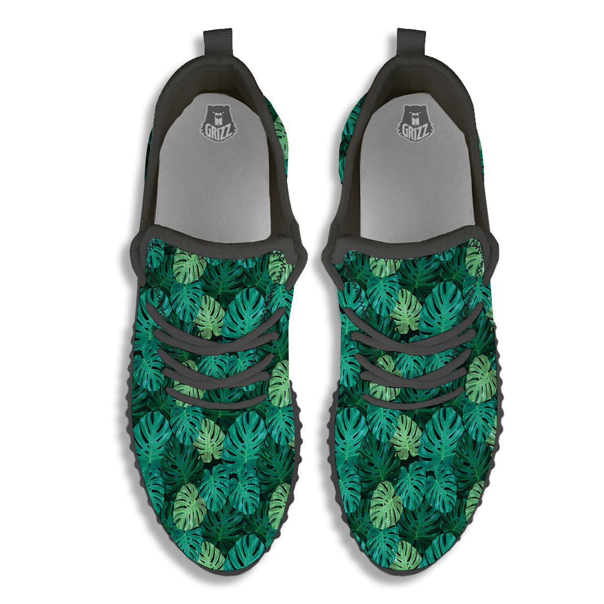 Monstera Leaf Green Print Black Walking Shoes-grizzshop
