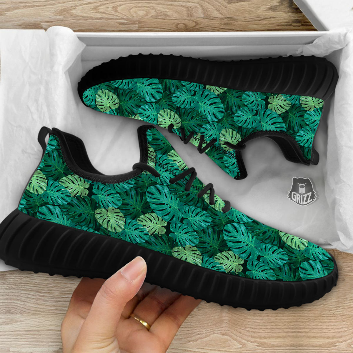 Monstera Leaf Green Print Black Walking Shoes-grizzshop