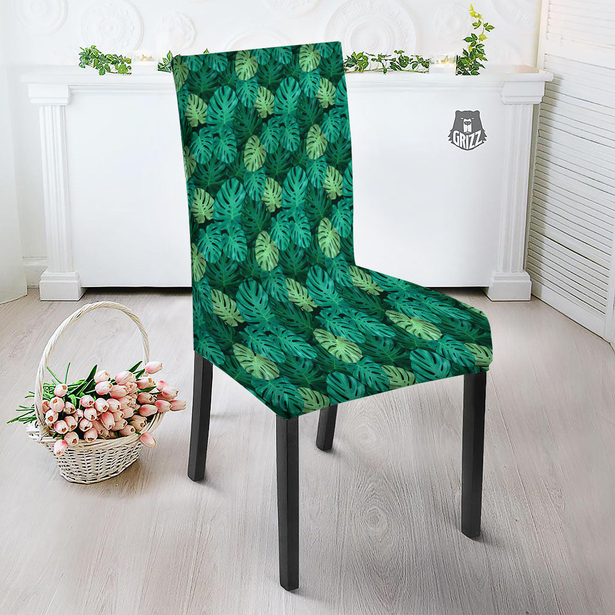 Monstera Leaf Green Print Dining Chair Slipcover-grizzshop